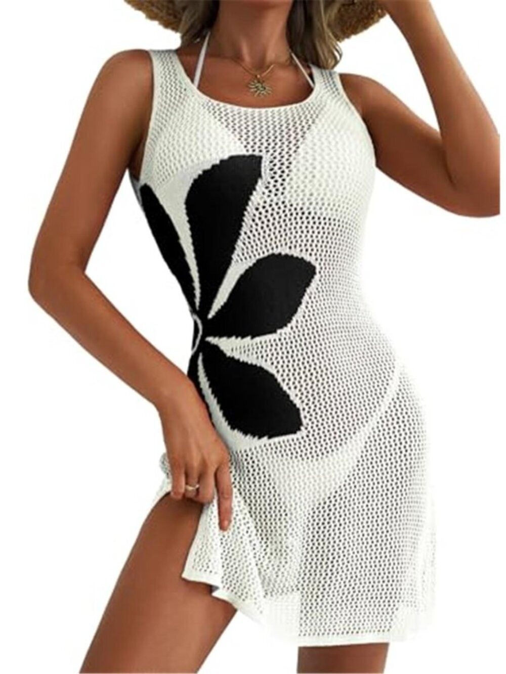 Women's Sleeveless Crochet Beach Coverup White Black